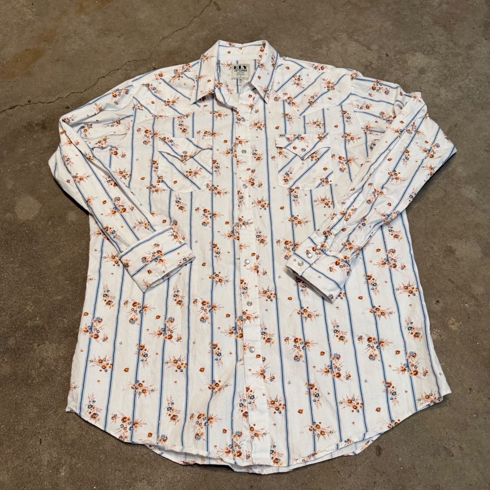 Ely Cattleman Western Shirt Men XLT White Floral Striped Snap Button Long Sleeve
